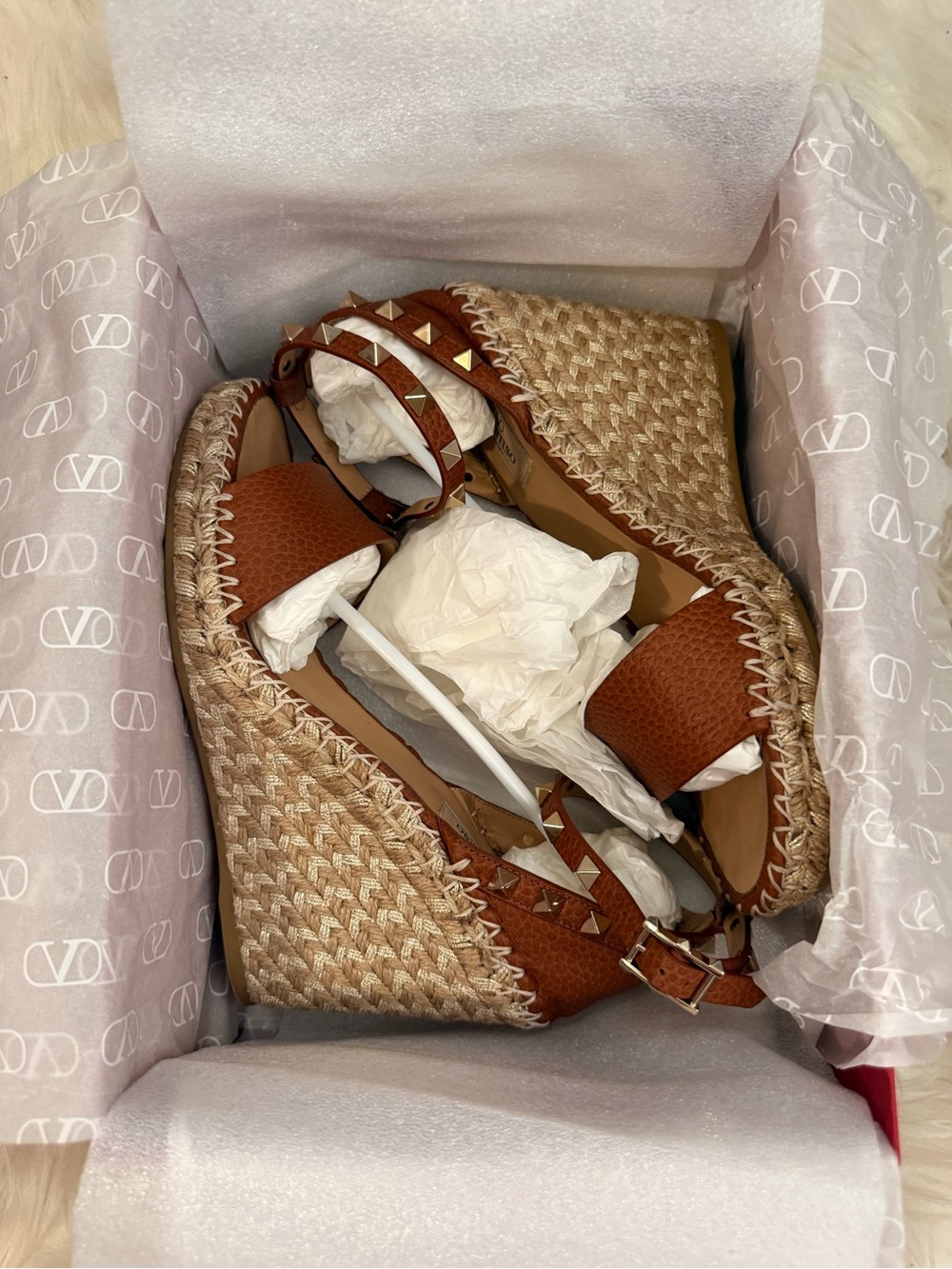 Valentino Brown Leather Rockstud Espadrille Wedge Sandals - Picture 4 of 7